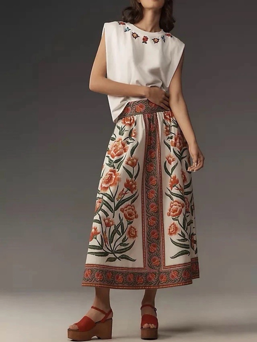 FARM Rio Cream Maxi Skirt with Coral Floral Print - Picture 11 of 12